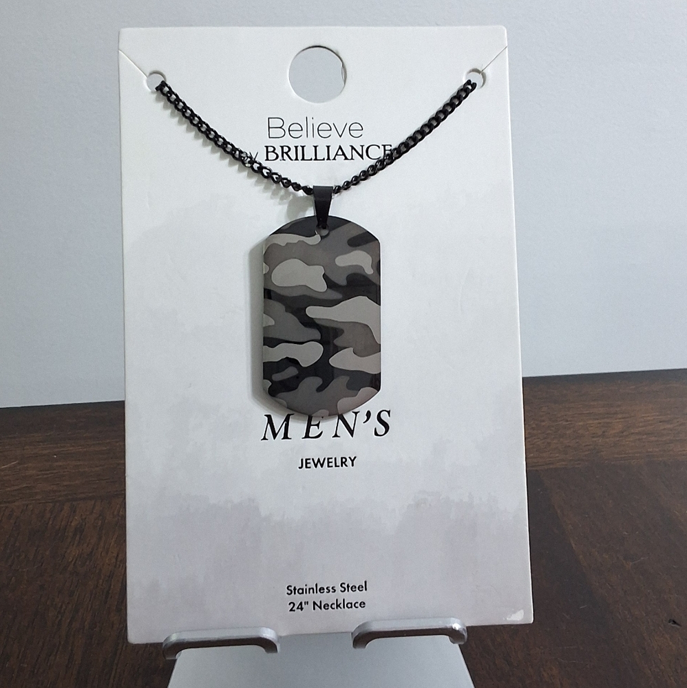 Men's Stainless Steel 24" Camouflage Dog Tag Pendant Necklace, NEW